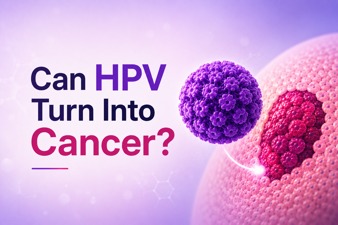 HPV virus particle with a cancerous cell on a purple background, featuring text about HPV and cancer.